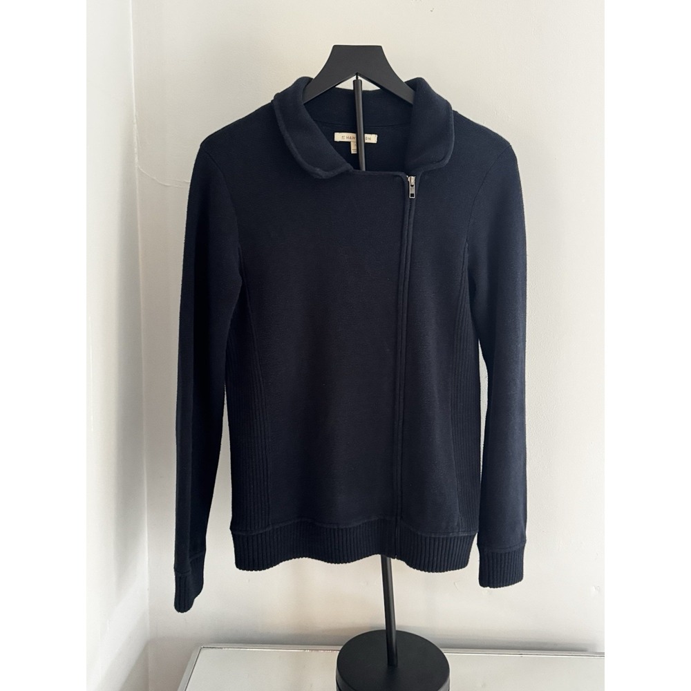 41 Hawthorn L Asymmetrical Zip Sweater Jacket Navy‎ Cotton Blend Minimalist Chic
